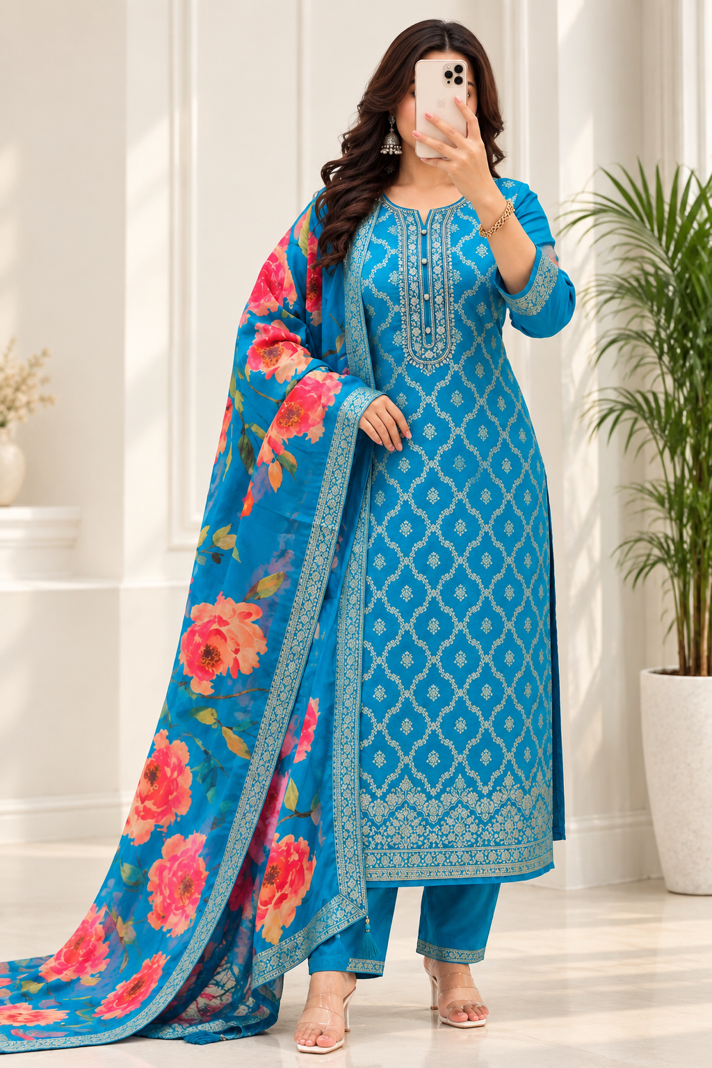 Blue Floral Banarasi Suit
