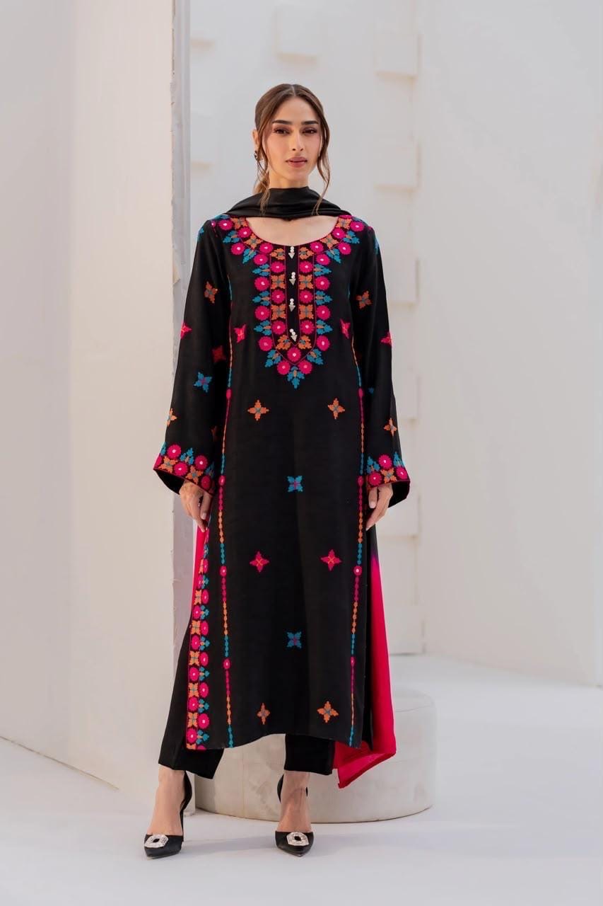 Black Floral Embroidered Rayon Satin Salwar Suit Set