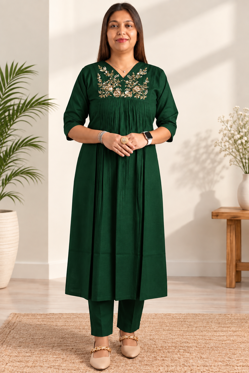 Green Vatican silk co-ord with hand-embroidered gold detailing. Festive gathered kurta set.