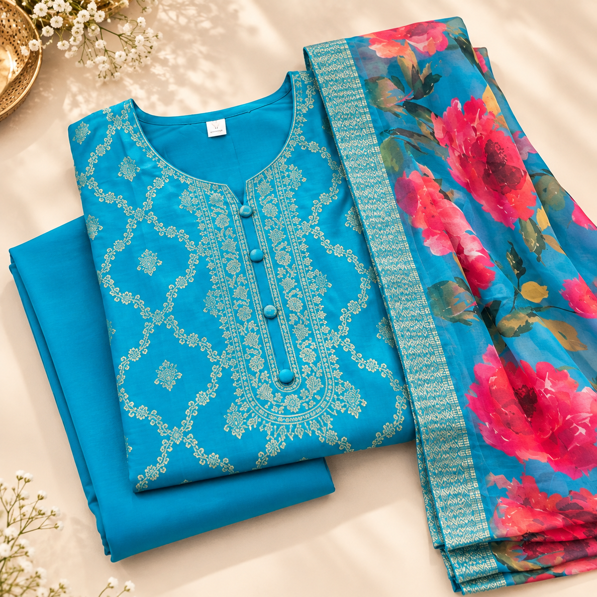 Blue Floral Banarasi Suit