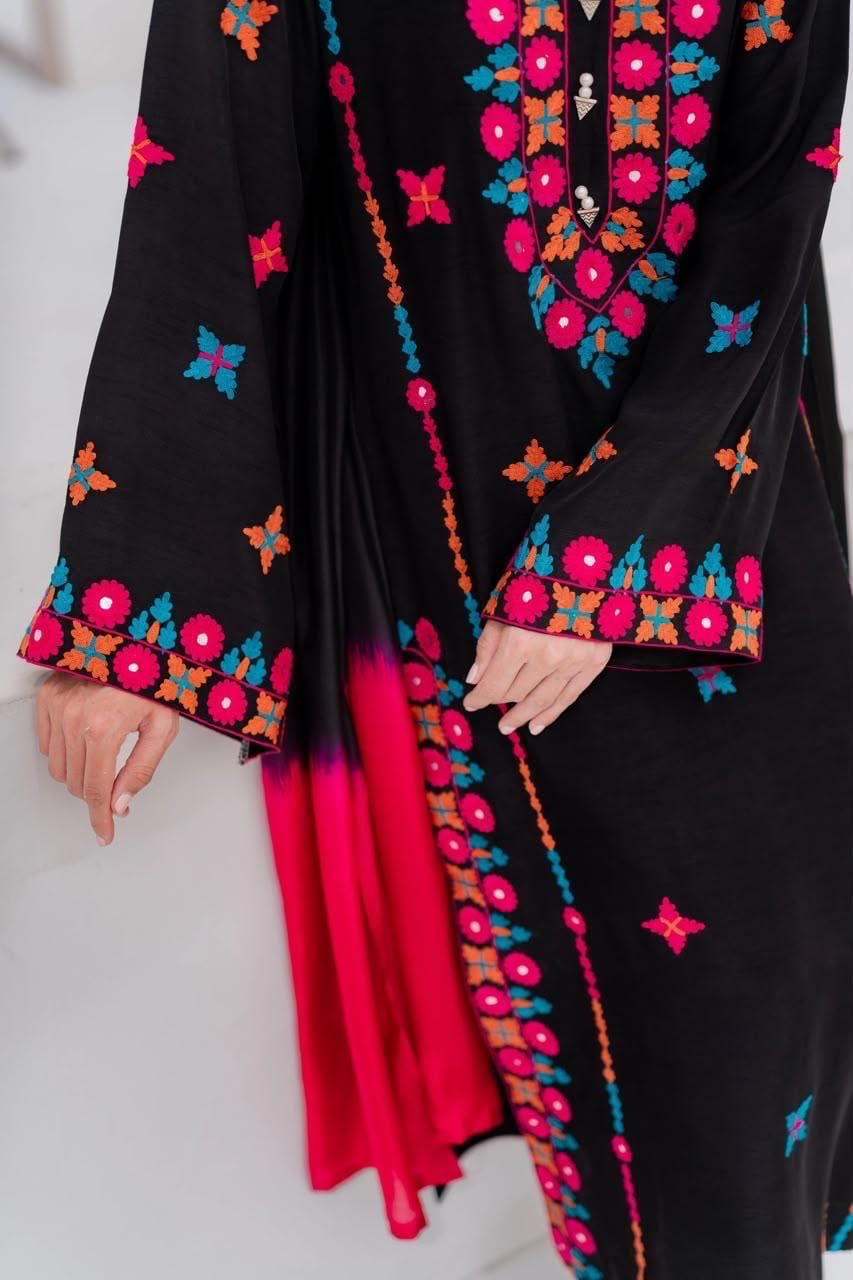 Black Floral Embroidered Rayon Satin Salwar Suit Set