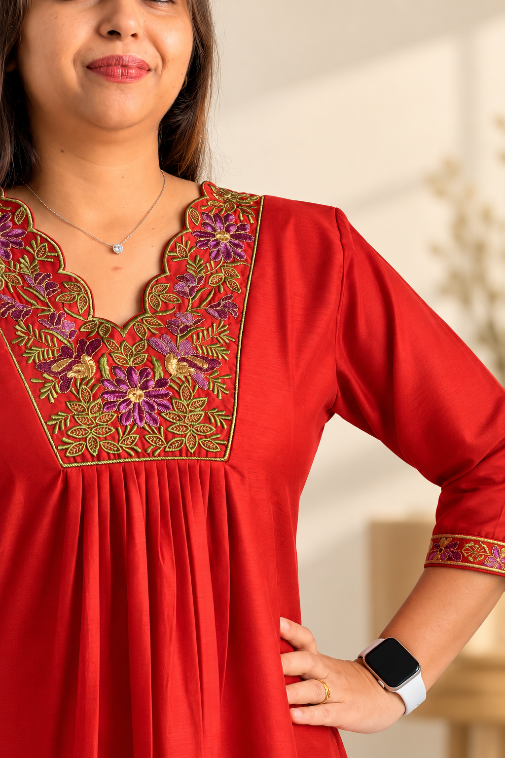 Rusty orange mul co-ord with hand-embroidered zardosi gold threadwork. Traditional Indian elegant coordinate.