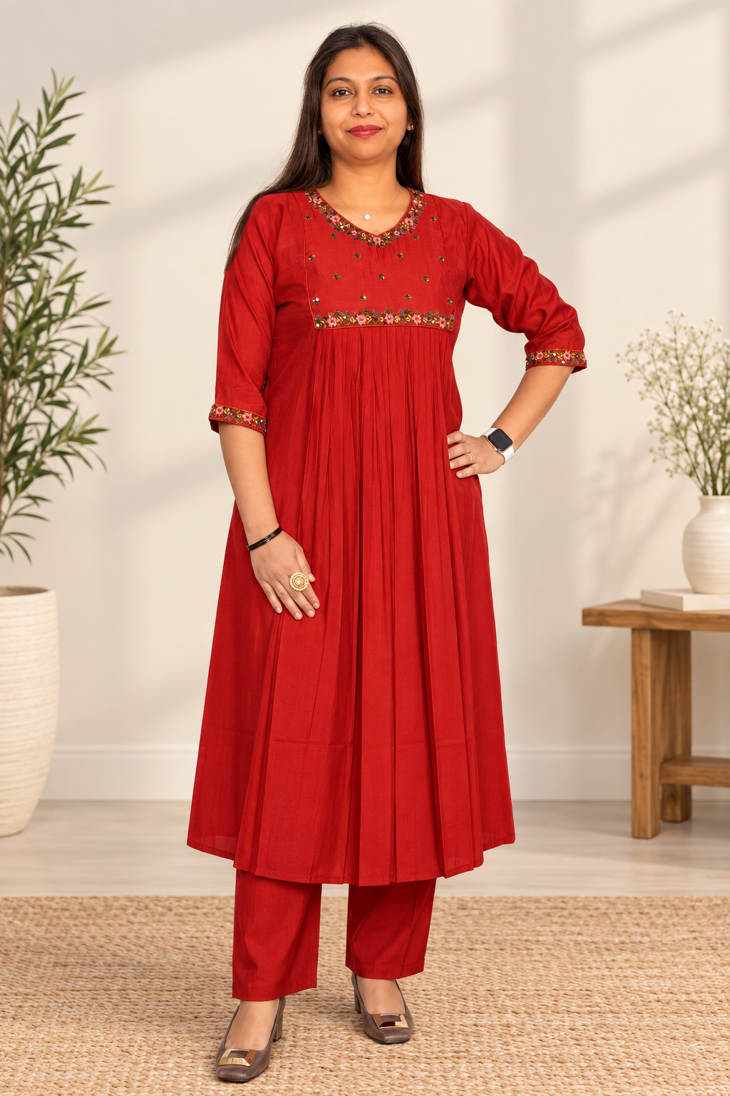 Rusty orange mul co-ord with hand-beaded embellishments. Festive embellished traditional kurta.