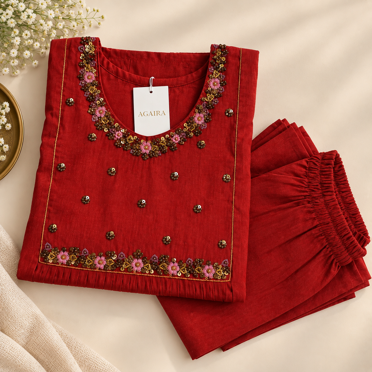Rusty orange mul co-ord with hand-beaded embellishments. Festive embellished traditional kurta.