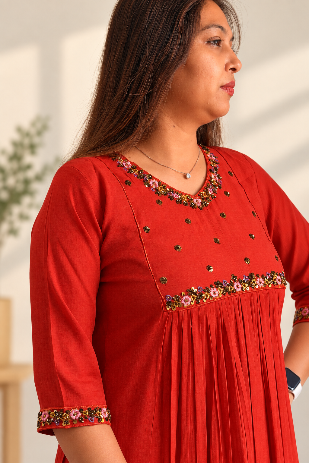Rusty orange mul co-ord with hand-beaded embellishments. Festive embellished traditional kurta.