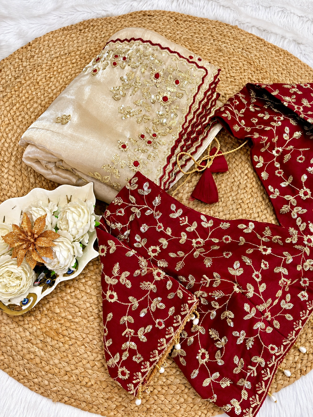Premium Space silk saree with intricate sequin zari and multi-thread embroidery. Designer wedding saree.