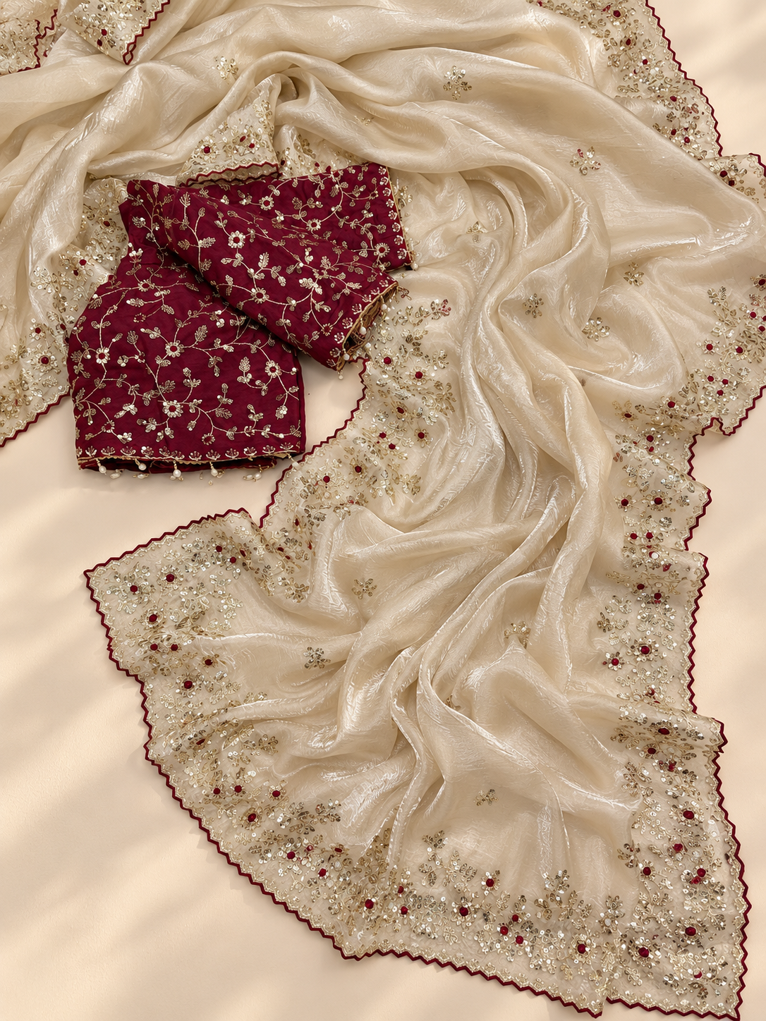 Premium Space silk saree with intricate sequin zari and multi-thread embroidery. Designer wedding saree.