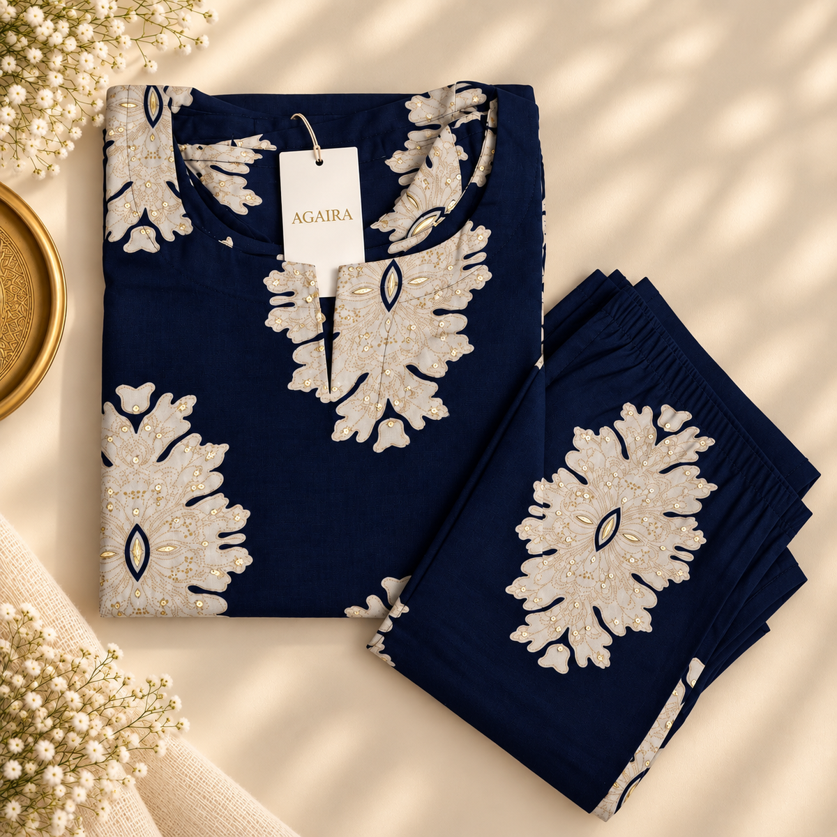 Navy daisy floral rayon cotton co-ord set with kurta and pants. Easy-wear everyday coordinate.
