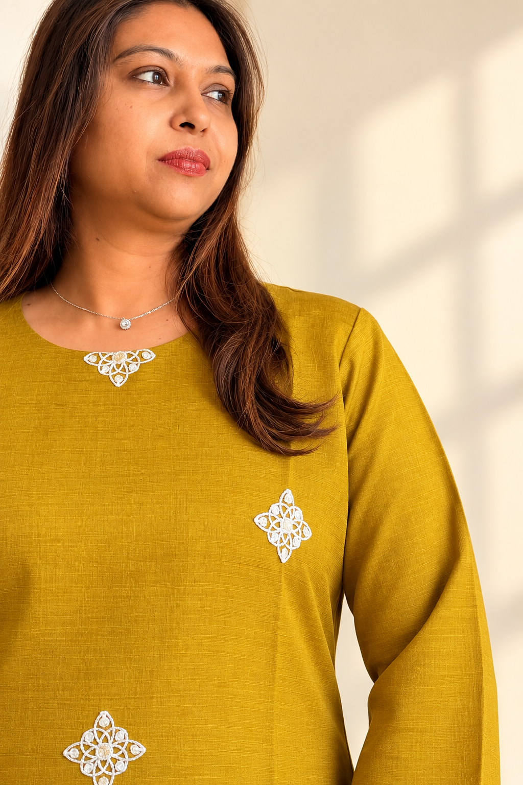 Golden mustard Vatican silk co-ord with hand-embroidered diamond motifs. Luxury everyday Indian wear.