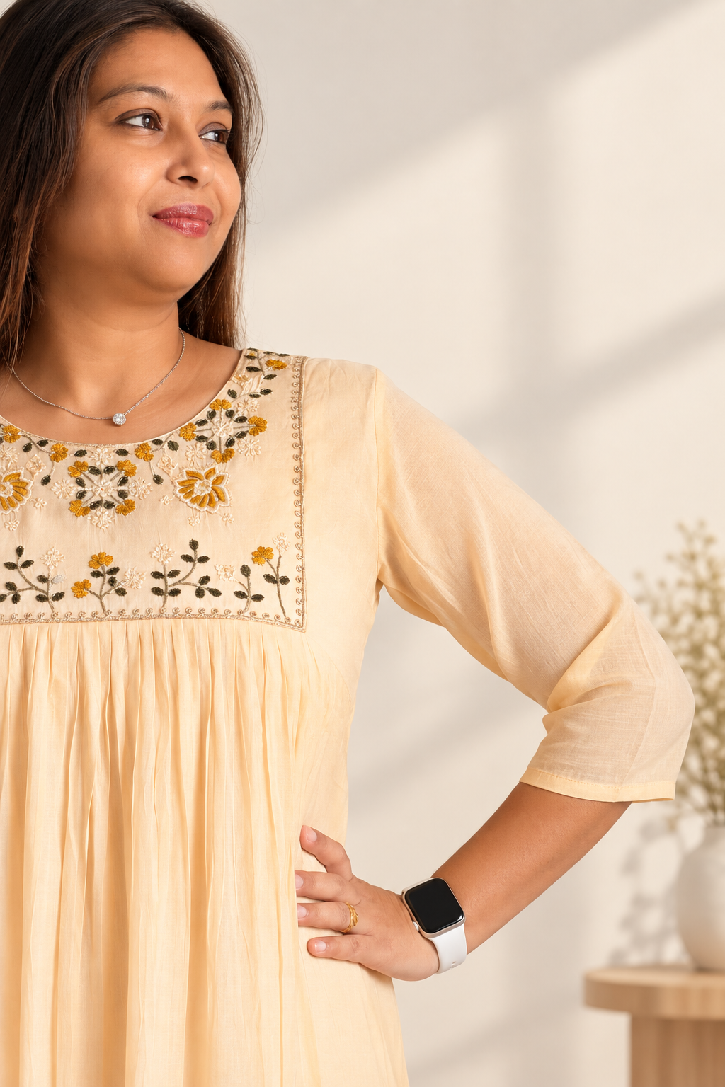 Beige mul Chanderi co-ord with hand-embroidered neckline. Traditional A-line kurta set.