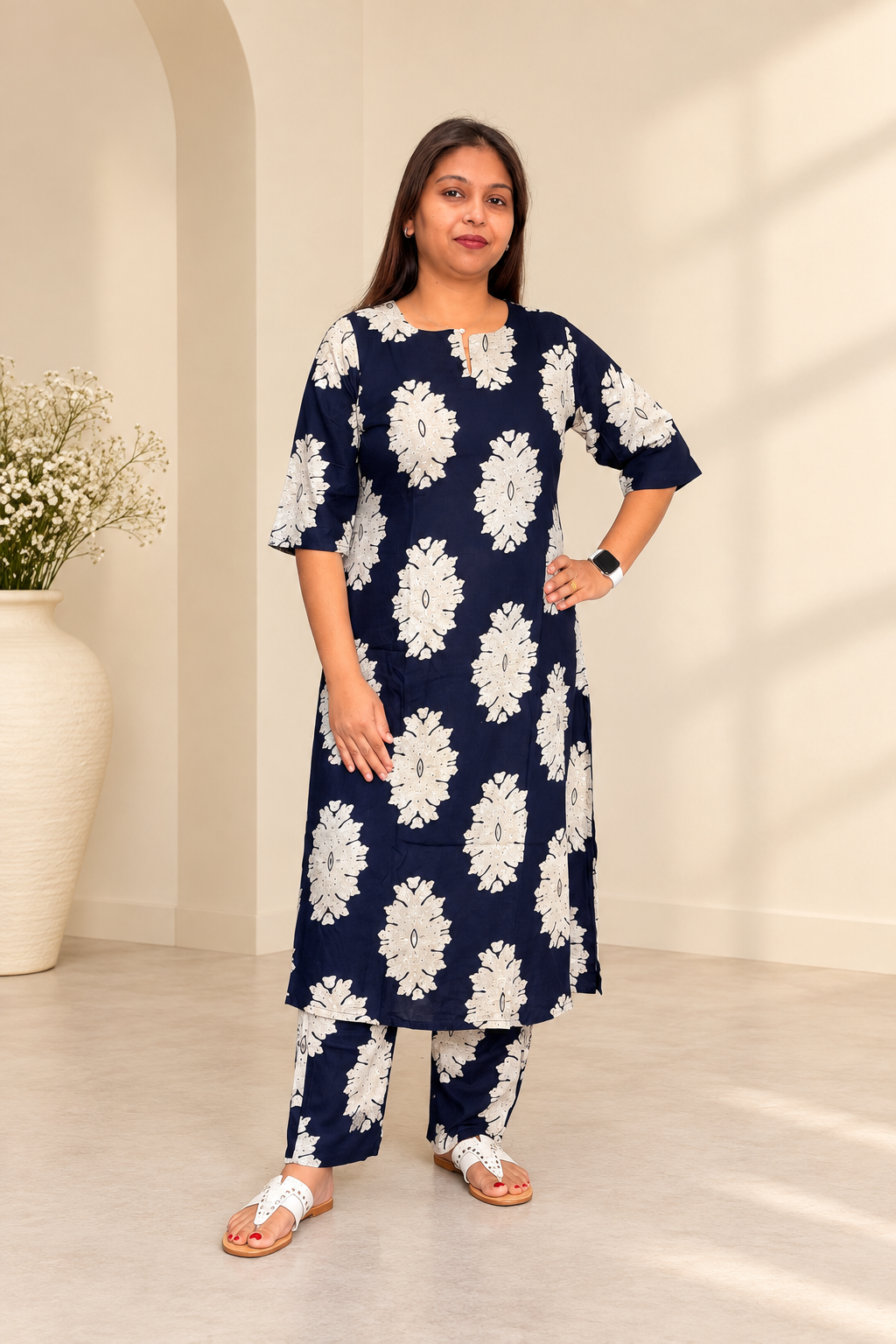Navy daisy floral rayon cotton co-ord set with kurta and pants. Easy-wear everyday coordinate.