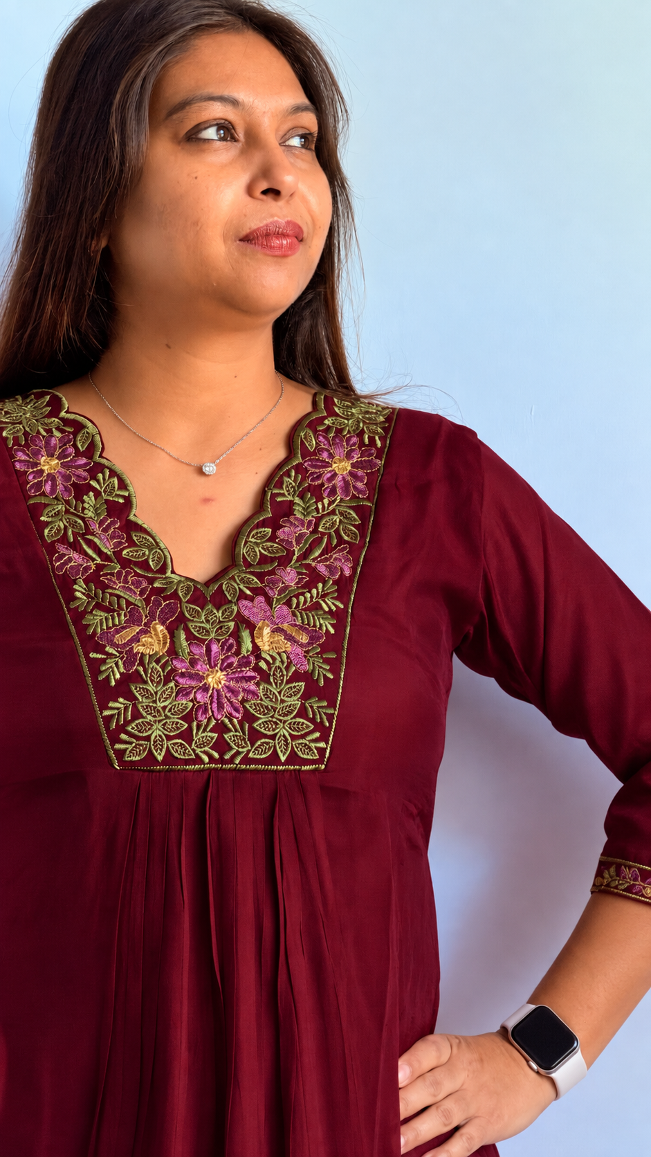 Maroon mul co-ord set with hand-embroidered zardosi gold threadwork. Traditional Indian elegant coordinate.