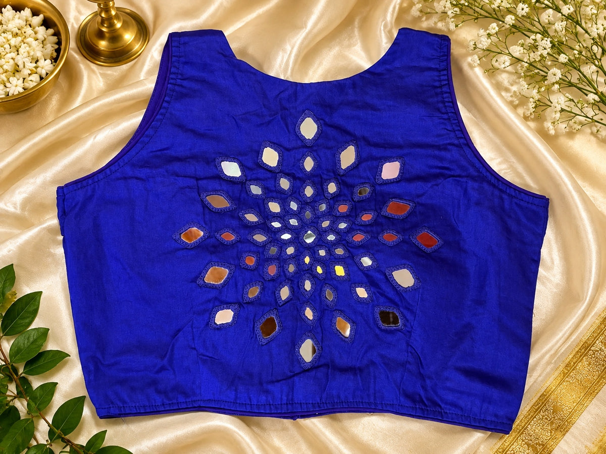 Mustard yellow Abhla Bharat mirror work padded sleeveless blouse. Festival party wear saree blouse.