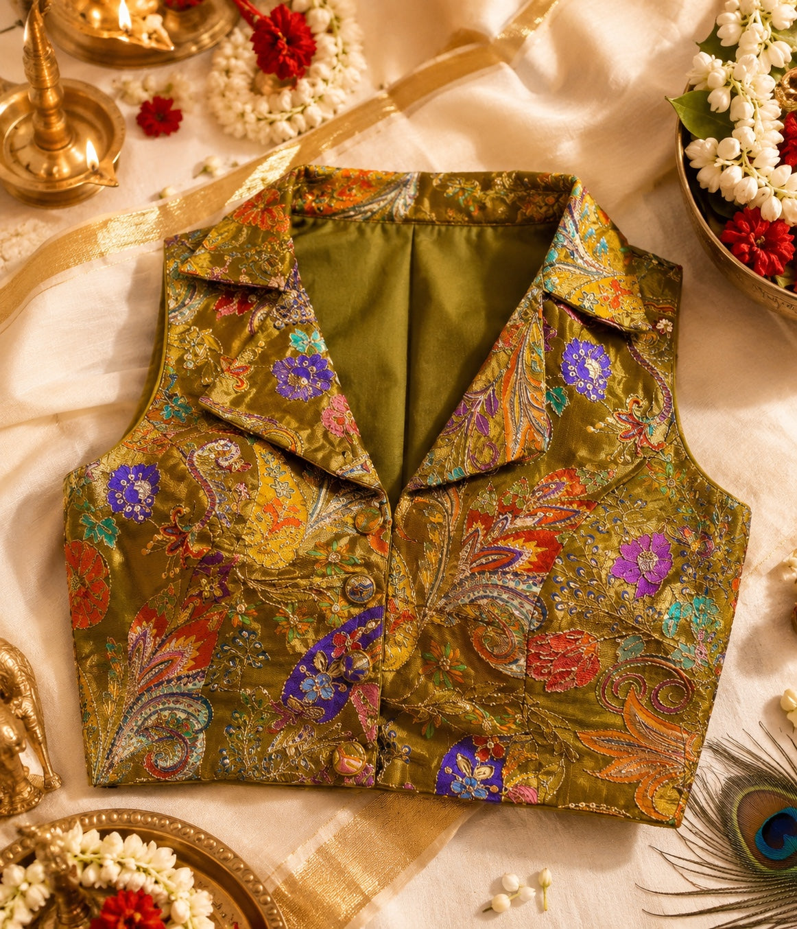 Mehendi green collar blouse with heavy zari sequin and embroidery work