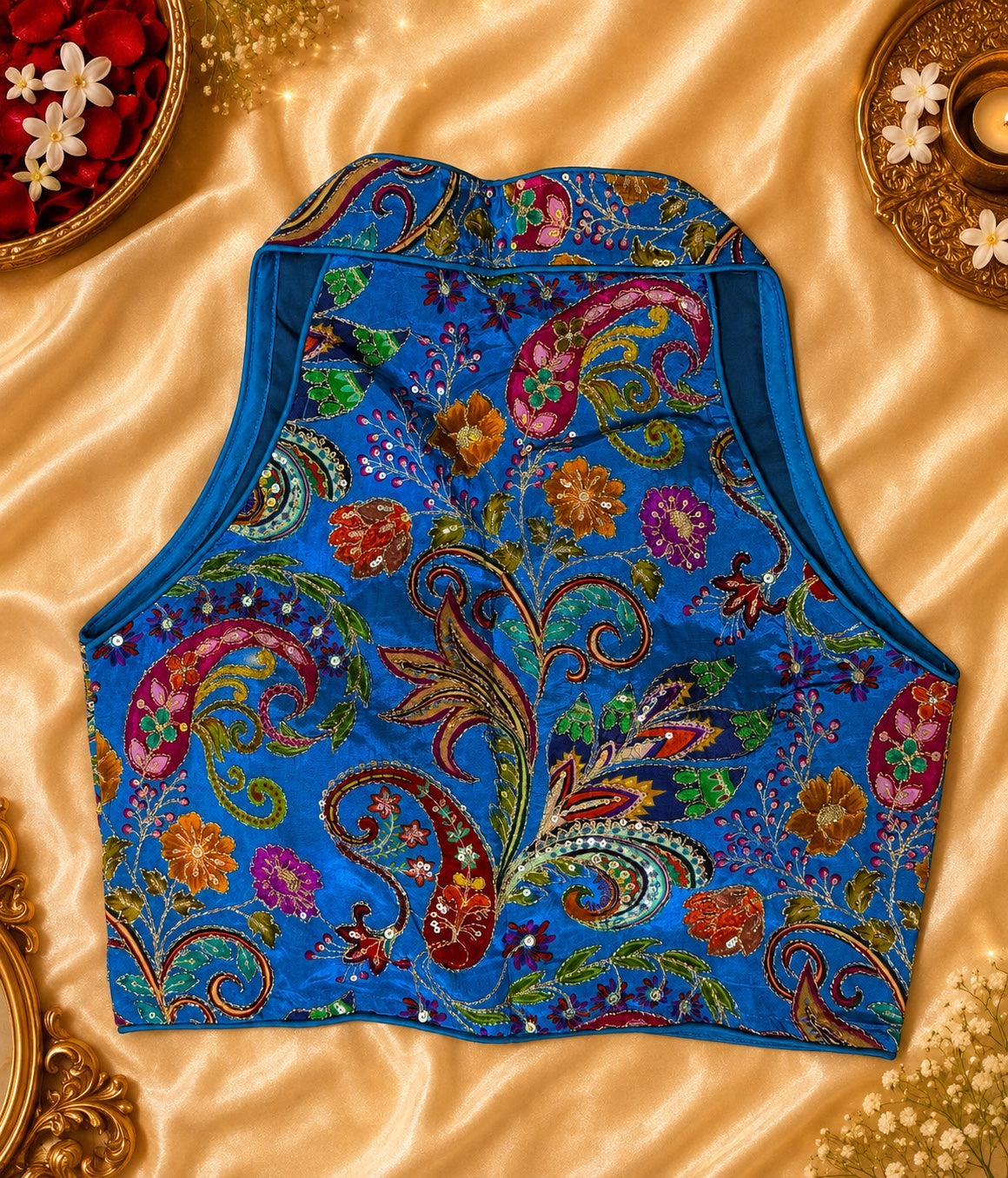 Firozi turquoise halter neck blouse back view