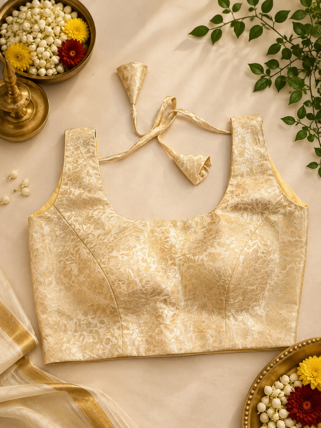 Golden Jacquard Banarasi silk backless blouse