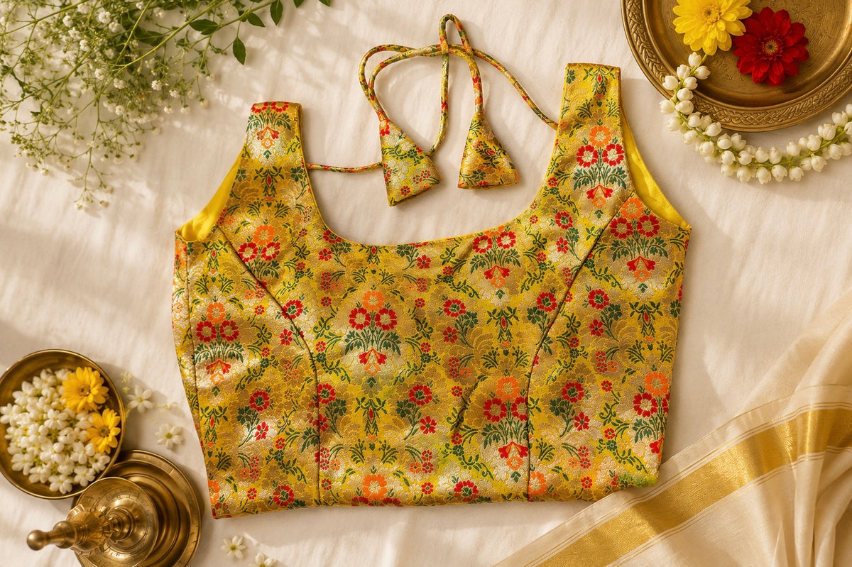 Mustard yellow Jacquard Banarasi silk backless blouse