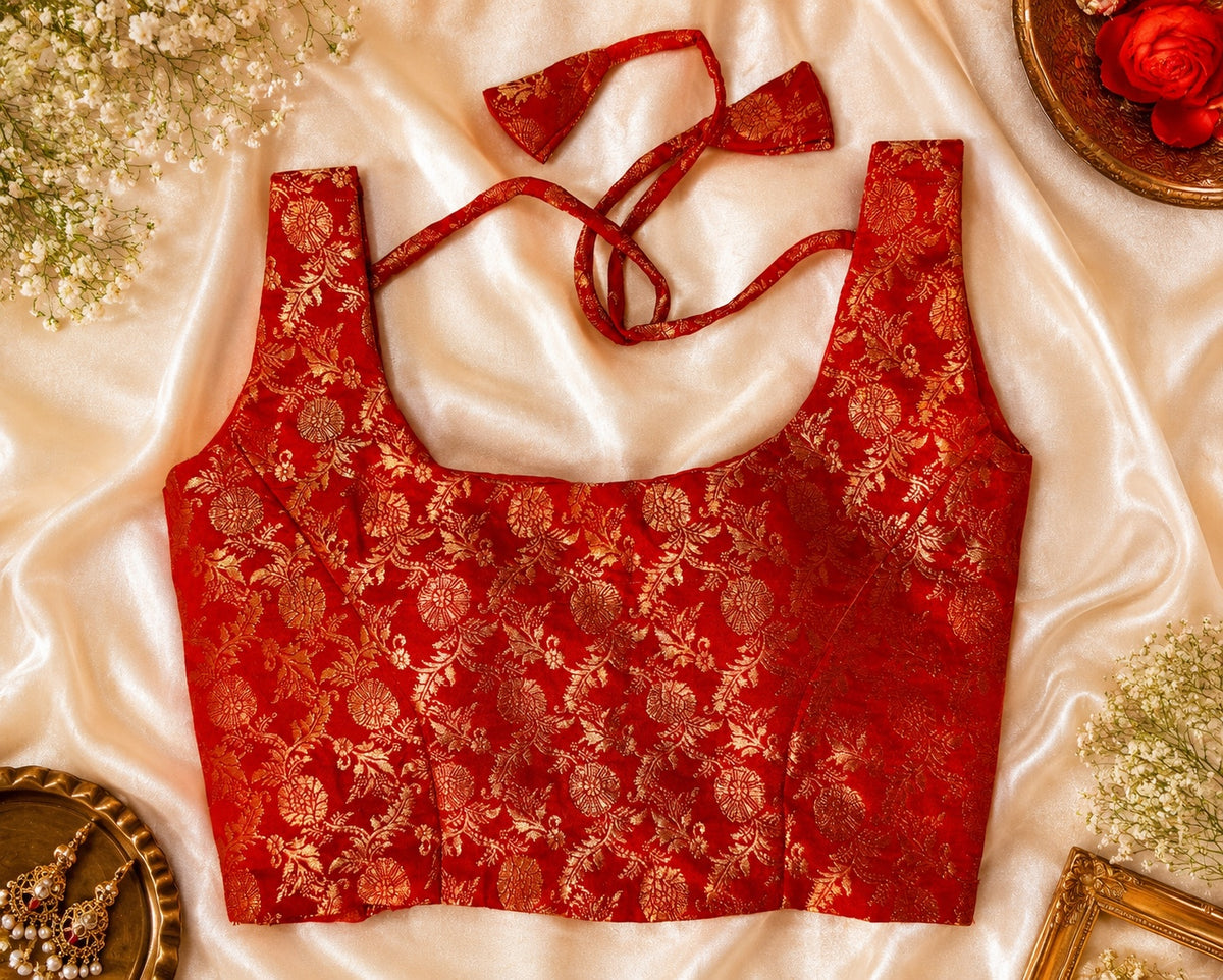 Royal red Jacquard Banarasi silk backless blouse