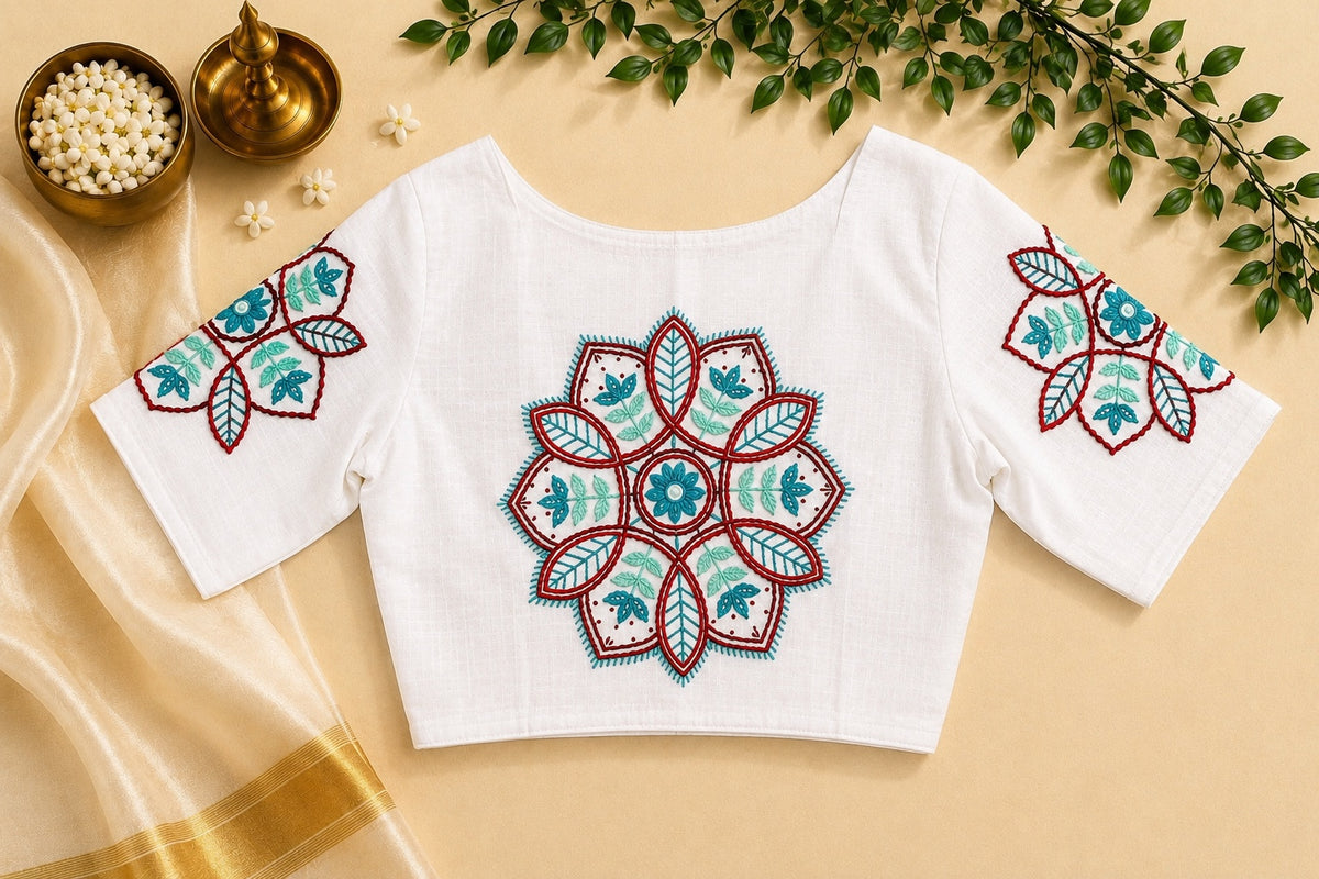 White cotton blouse with central mandala embroidery