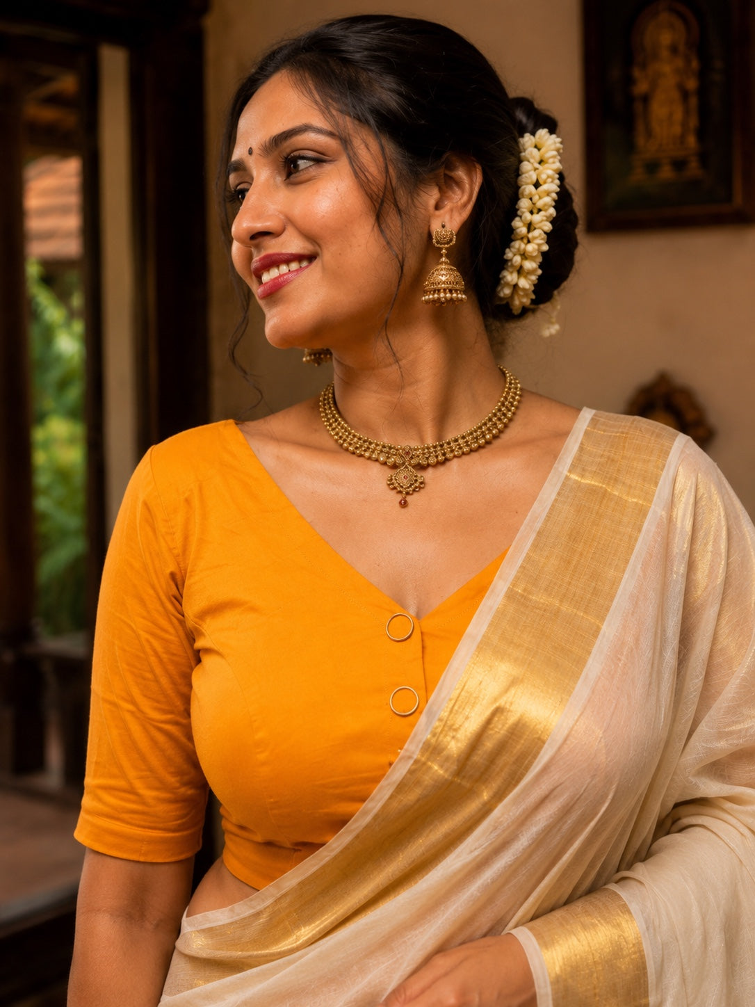 Mustard yellow blouse with sleeves styled with Kerala saree