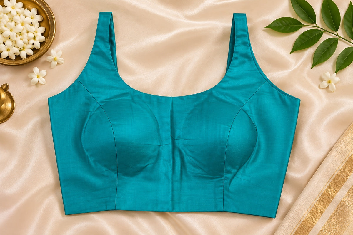 Emerald green padded cotton Lycra sleeveless blouse. Comfortable stretchable saree blouse.