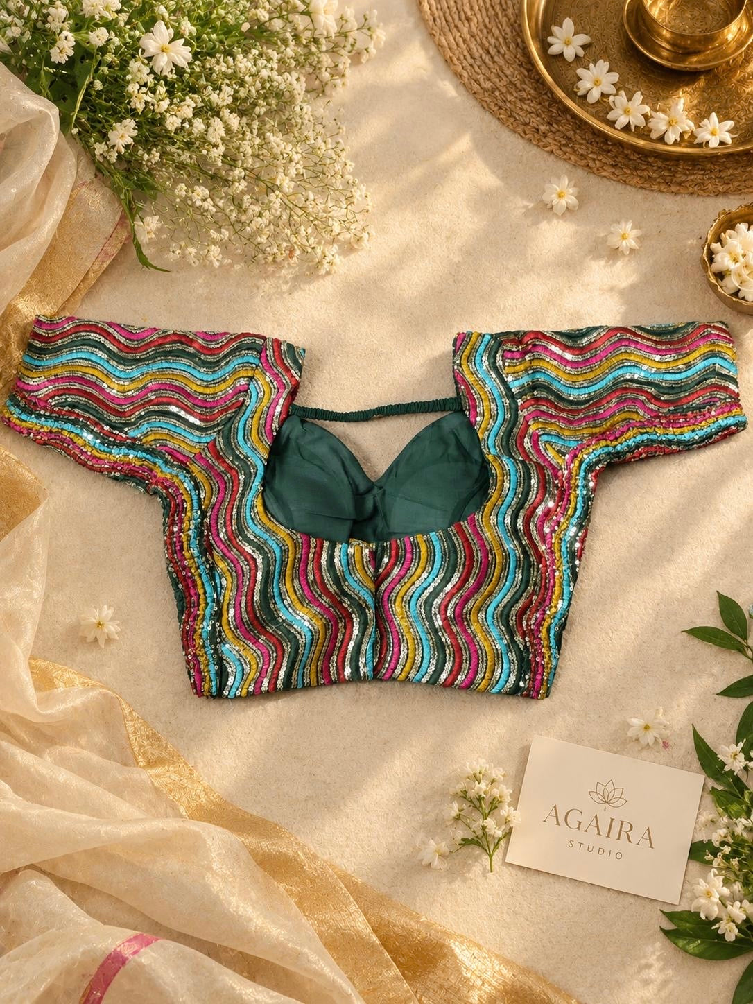 Teal multicolor chamki sequin wave blouse. Festive Indian saree blouse with vibrant sequin embroidery.