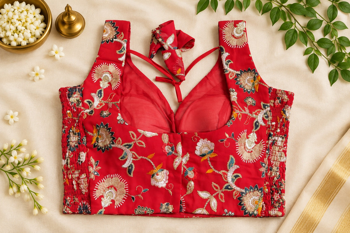 Red embroidered bustier blouse with deep V-neckline and back tie-up tassels. Premium designer saree blouse.