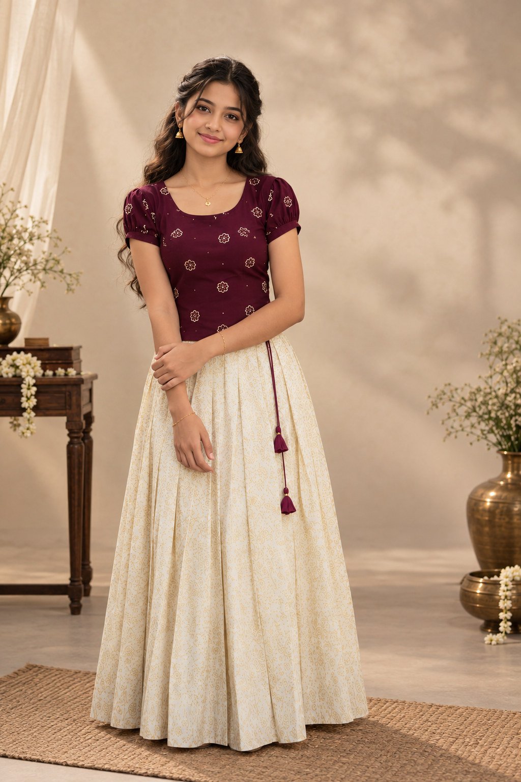Maroon Vichithra stitched top and skirt set. Kids festive ethnic wear for celebrations.