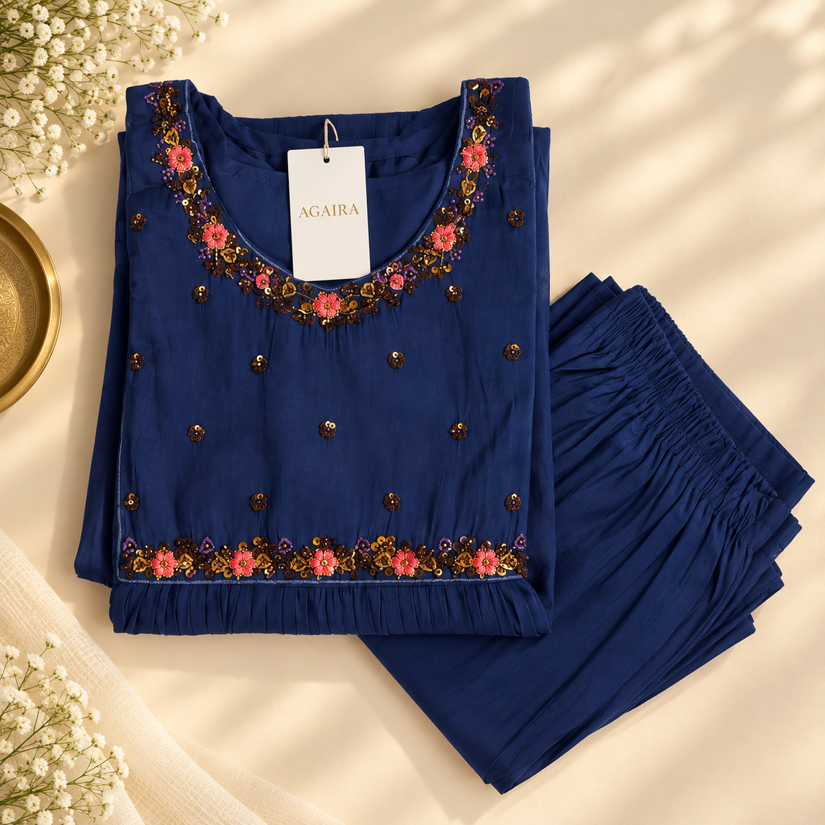 Navy mul Chanderi co-ord set with hand-embroidered detailing. Lightweight traditional Indian kurta.
