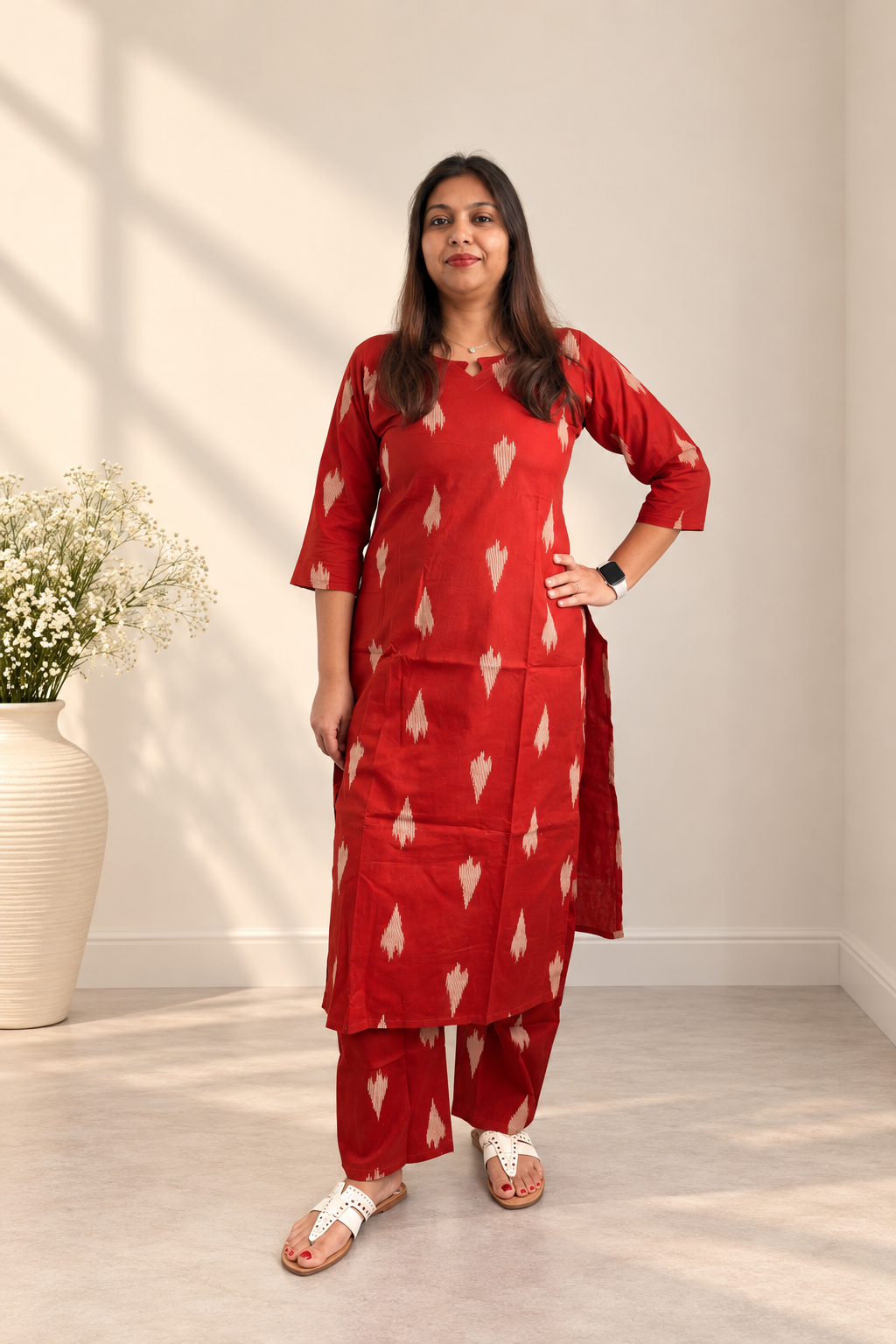 Mustard green handwoven ikat cotton co-ord set. Geometric print traditional Indian coordinate.