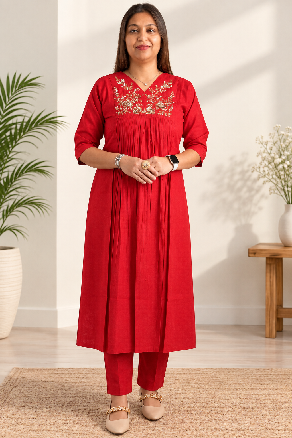 Red Vatican silk co-ord with hand-embroidered gold detailing. Festive gathered kurta set.