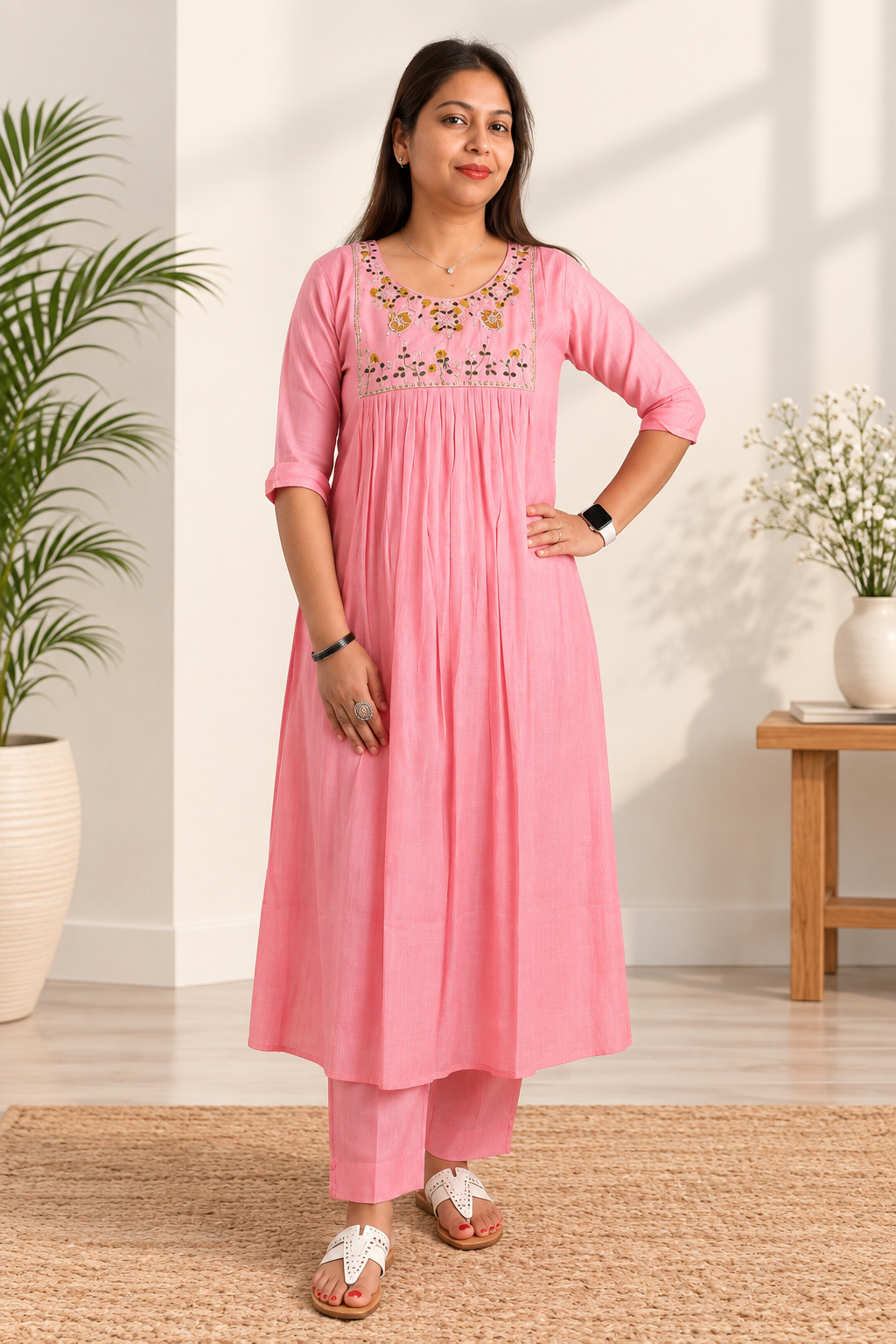 Pink mul co-ord with hand-beaded neckline. Gathered traditional Indian kurta set.