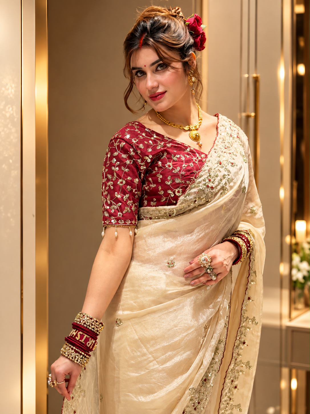 Premium Space silk saree with intricate sequin zari and multi-thread embroidery. Designer wedding saree.
