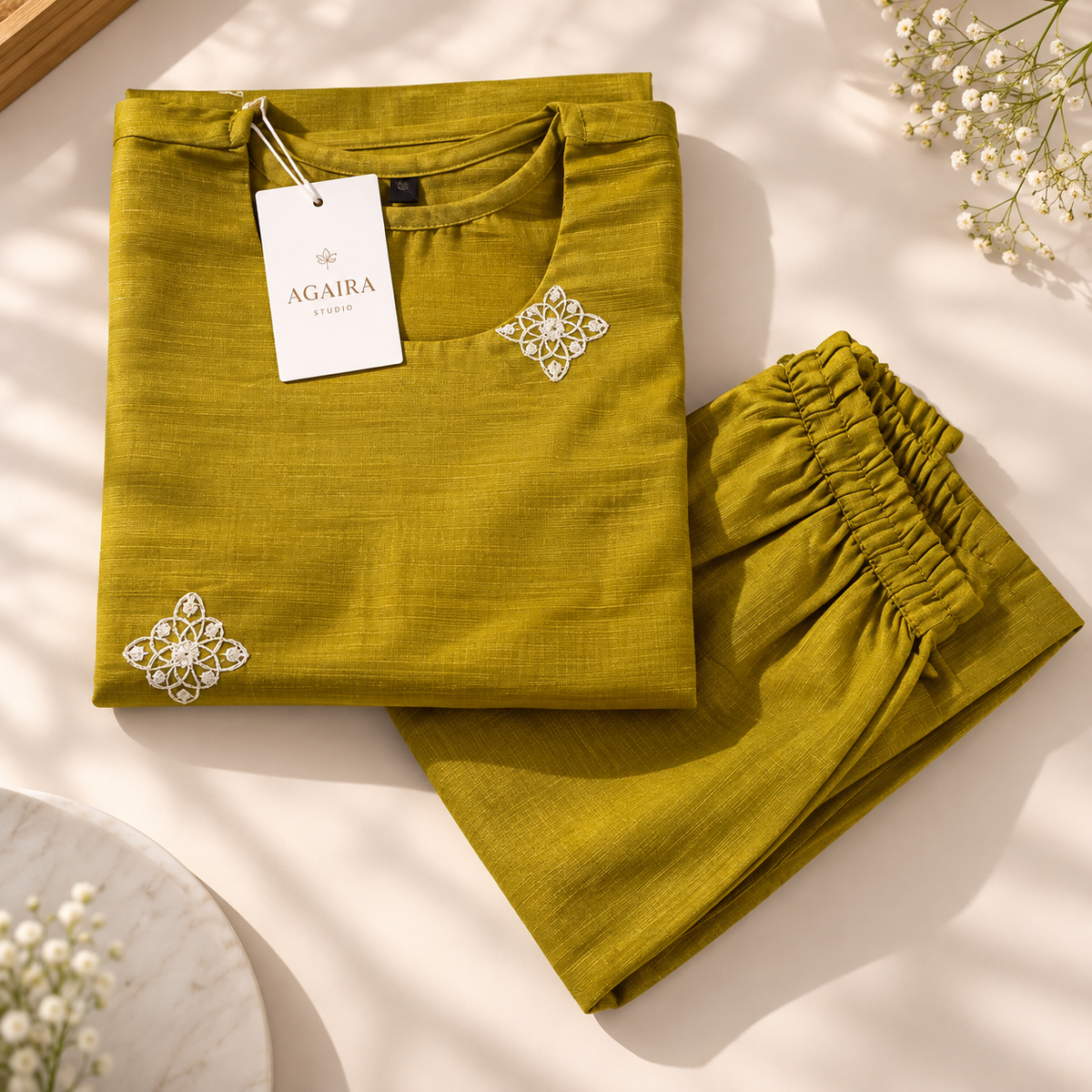 Golden mustard Vatican silk co-ord with hand-embroidered diamond motifs. Luxury everyday Indian wear.