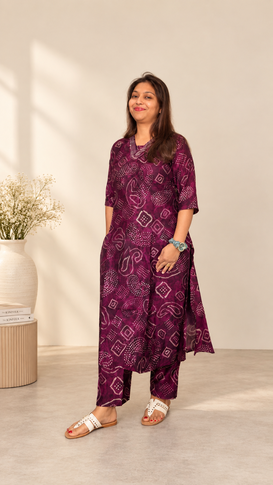 Burgundy bandhani Vatican silk co-ord set with kurta and churidhar. Traditional Indian everyday elegance.