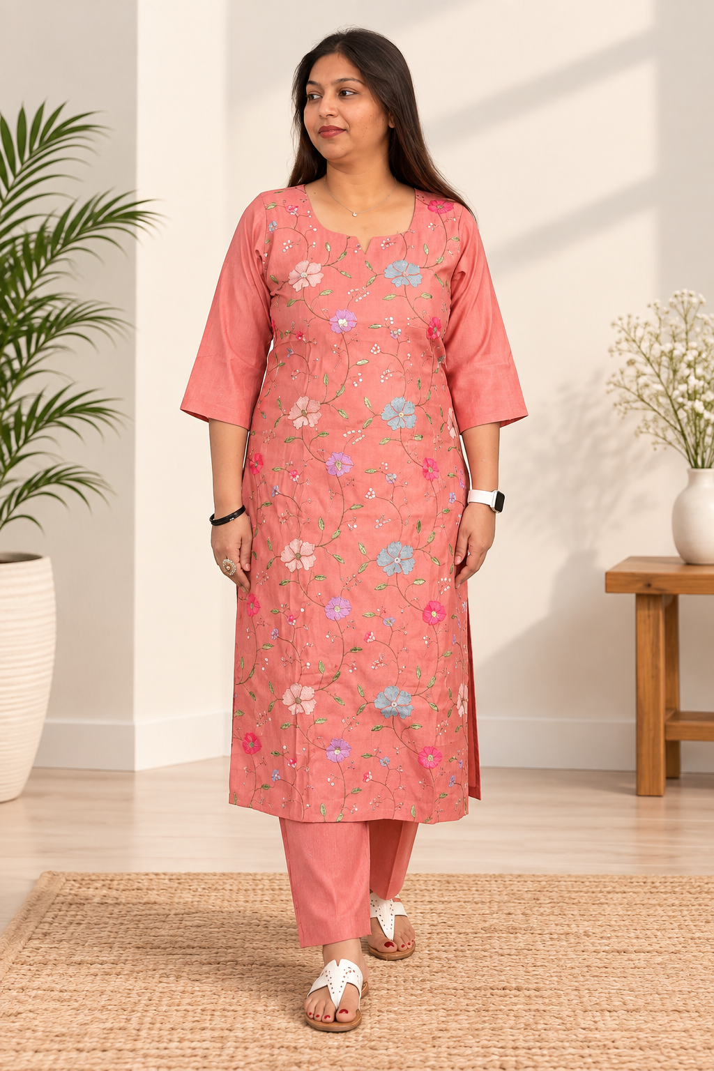 Coral cotton co-ord with hand-painted floral and bird motifs. Artisan coordinate set.
