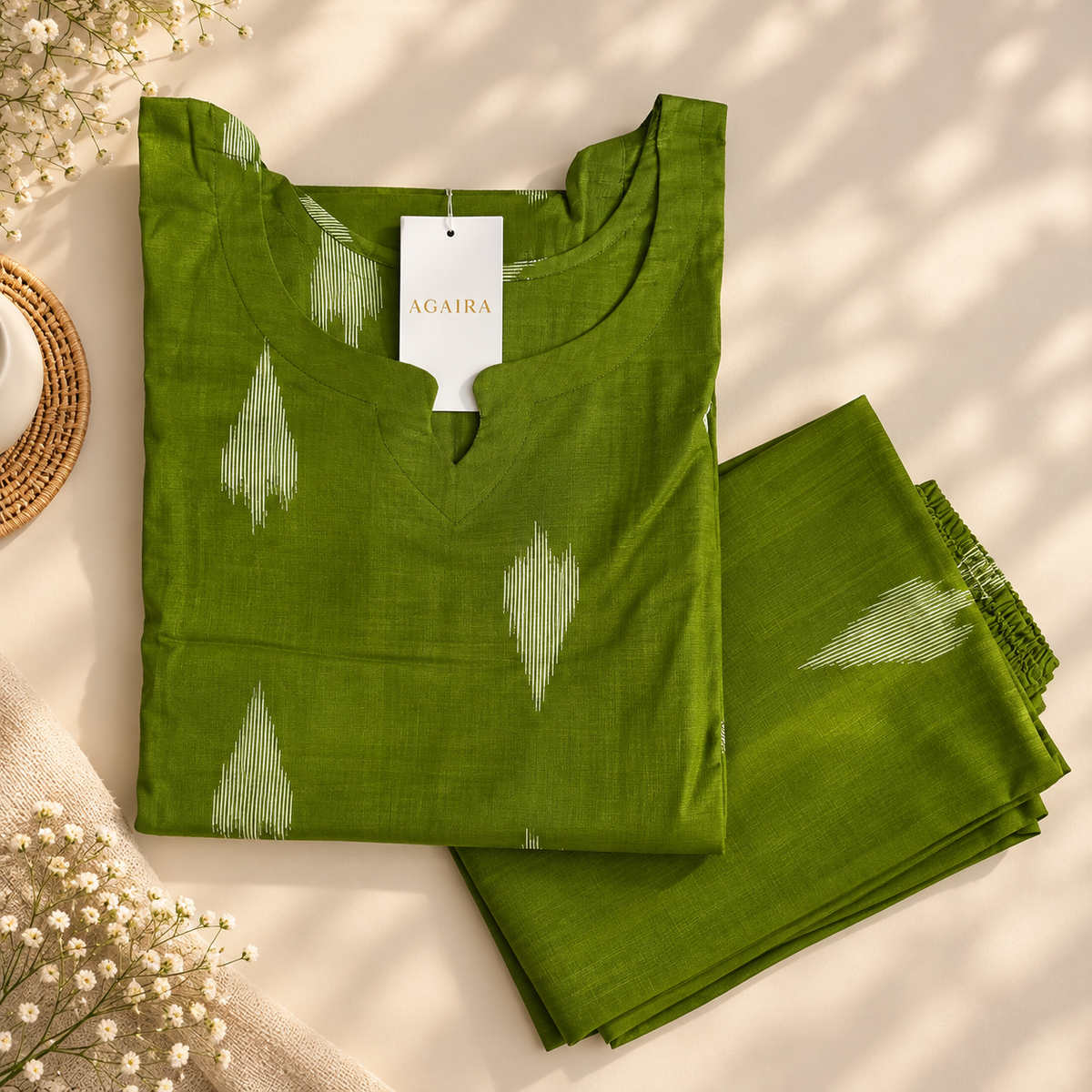 Mustard green handwoven ikat cotton co-ord set. Geometric print traditional Indian coordinate.