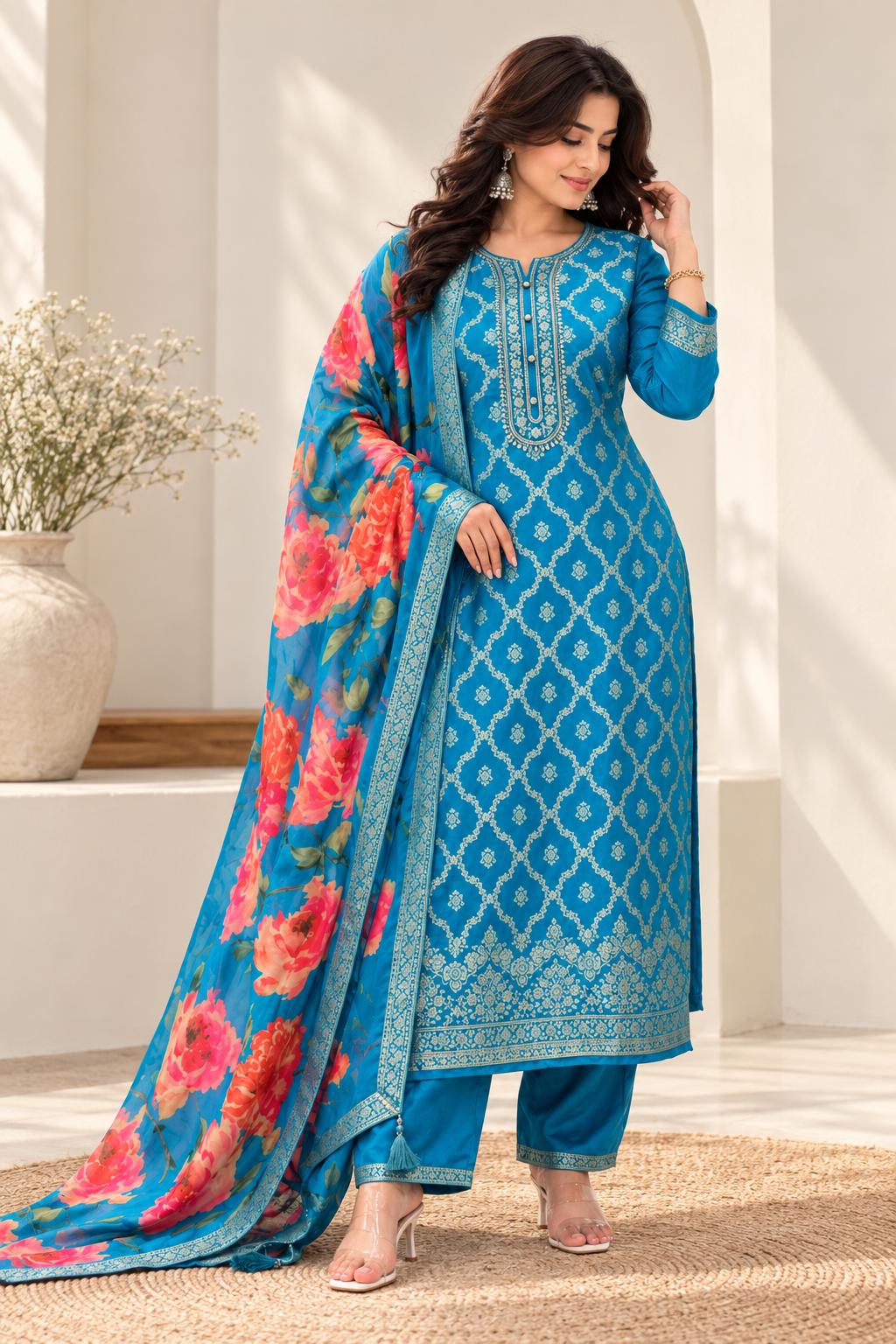 Blue Floral Banarasi Suit