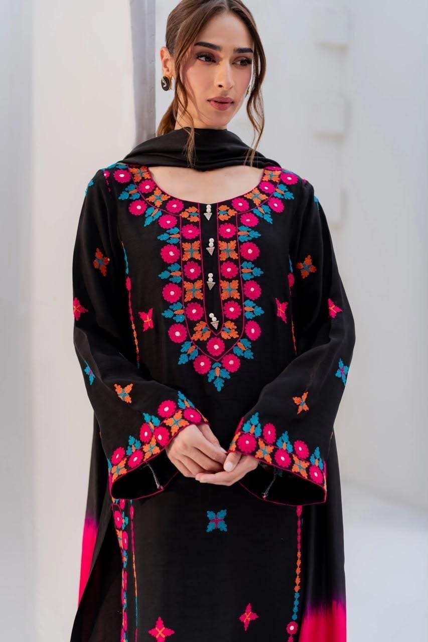 Black Floral Embroidered Rayon Satin Salwar Suit Set