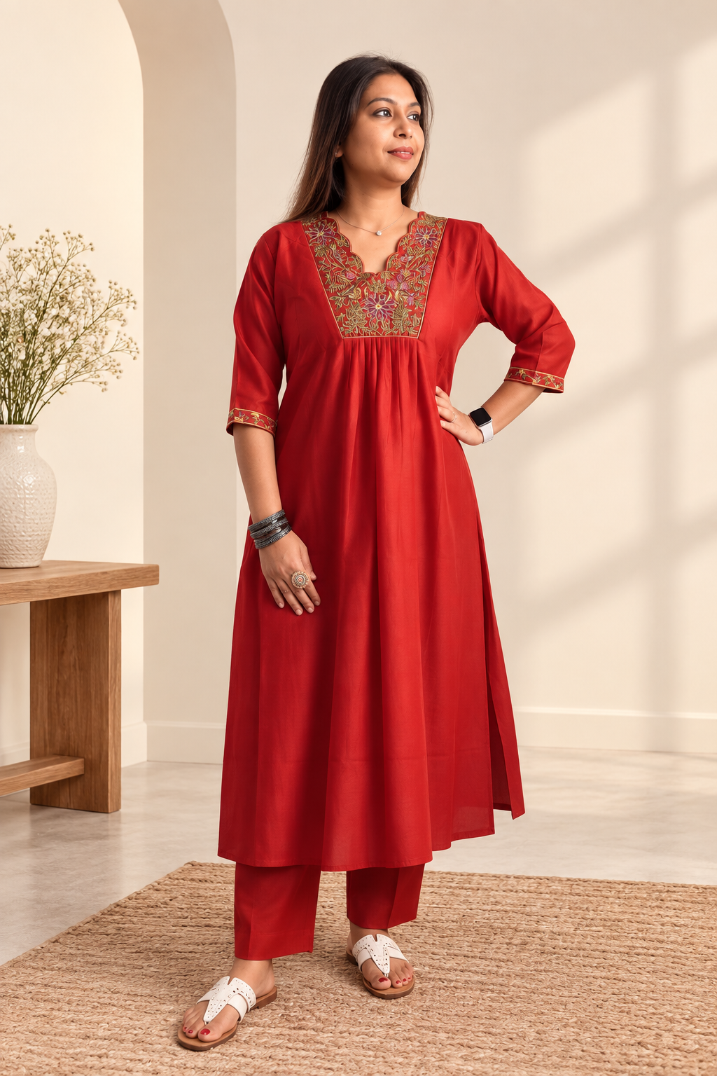 Rusty orange mul co-ord with hand-embroidered zardosi gold threadwork. Traditional Indian elegant coordinate.