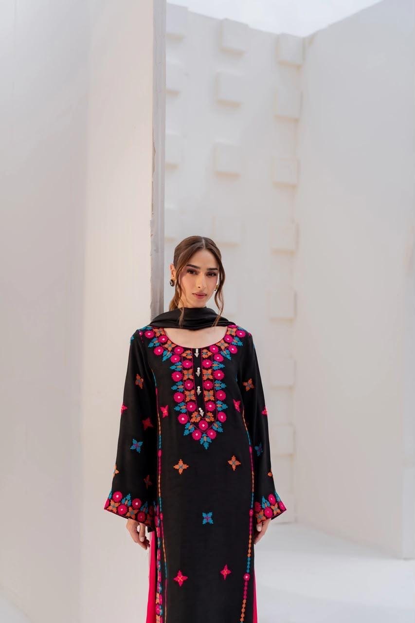 Black Floral Embroidered Rayon Satin Salwar Suit Set