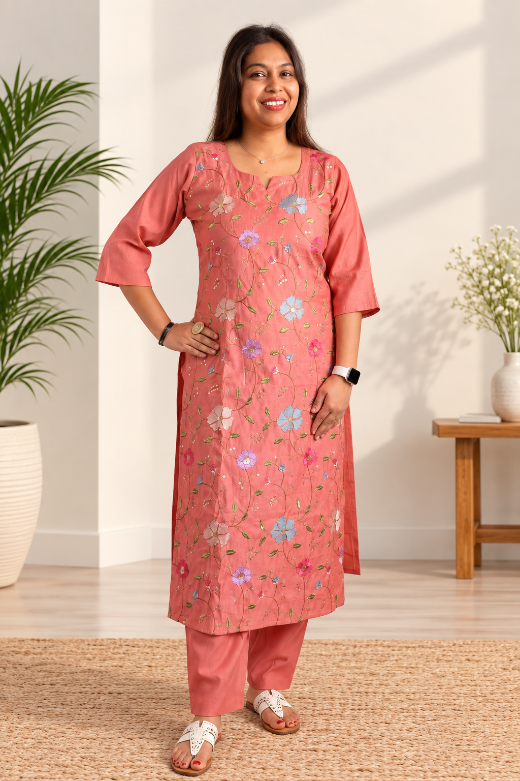 Coral cotton co-ord with hand-painted floral and bird motifs. Artisan coordinate set.