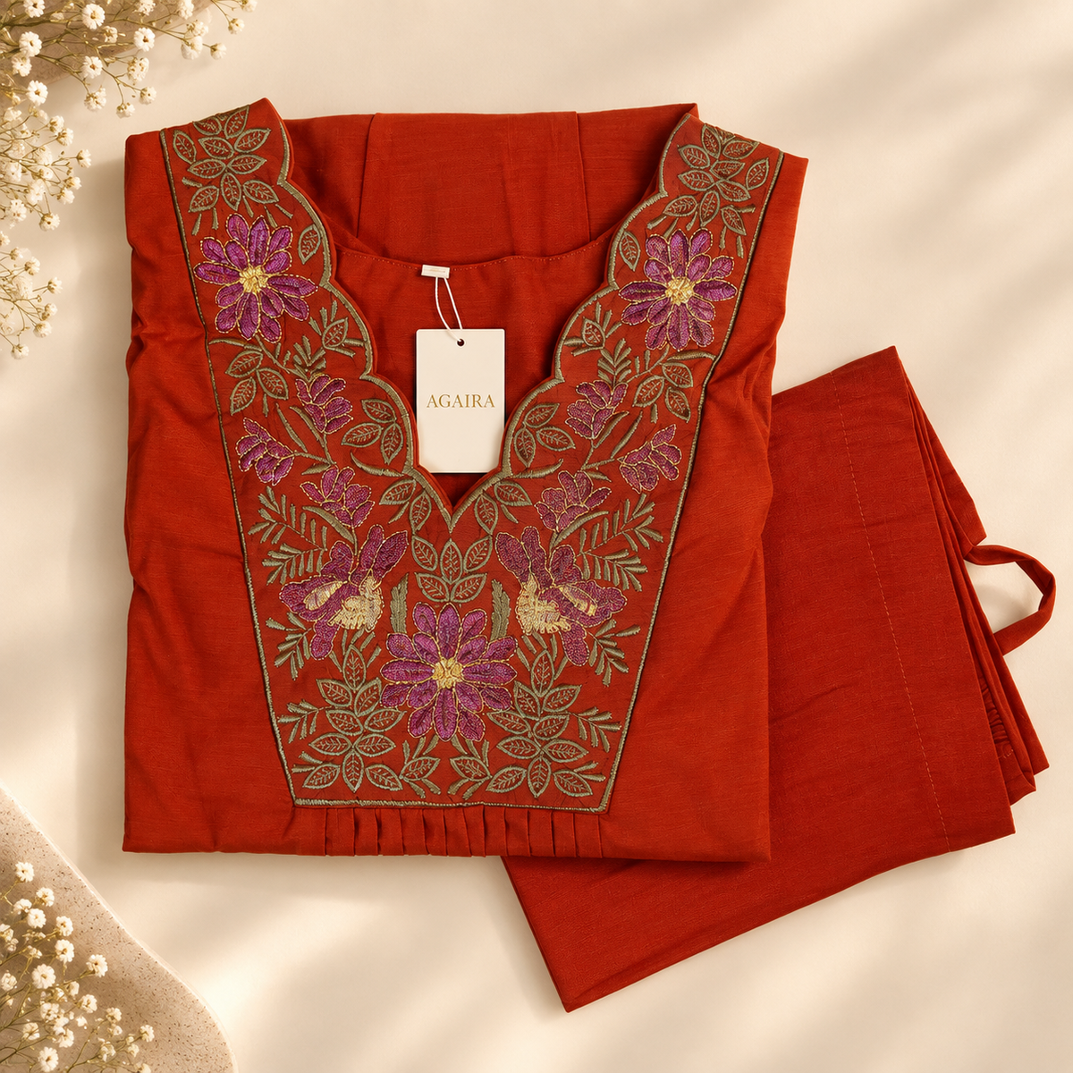 Rusty orange mul co-ord with hand-embroidered zardosi gold threadwork. Traditional Indian elegant coordinate.