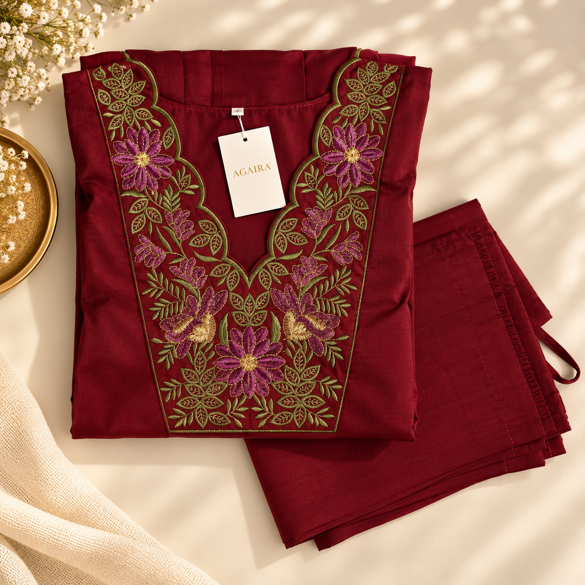Maroon mul co-ord set with hand-embroidered zardosi gold threadwork. Traditional Indian elegant coordinate.