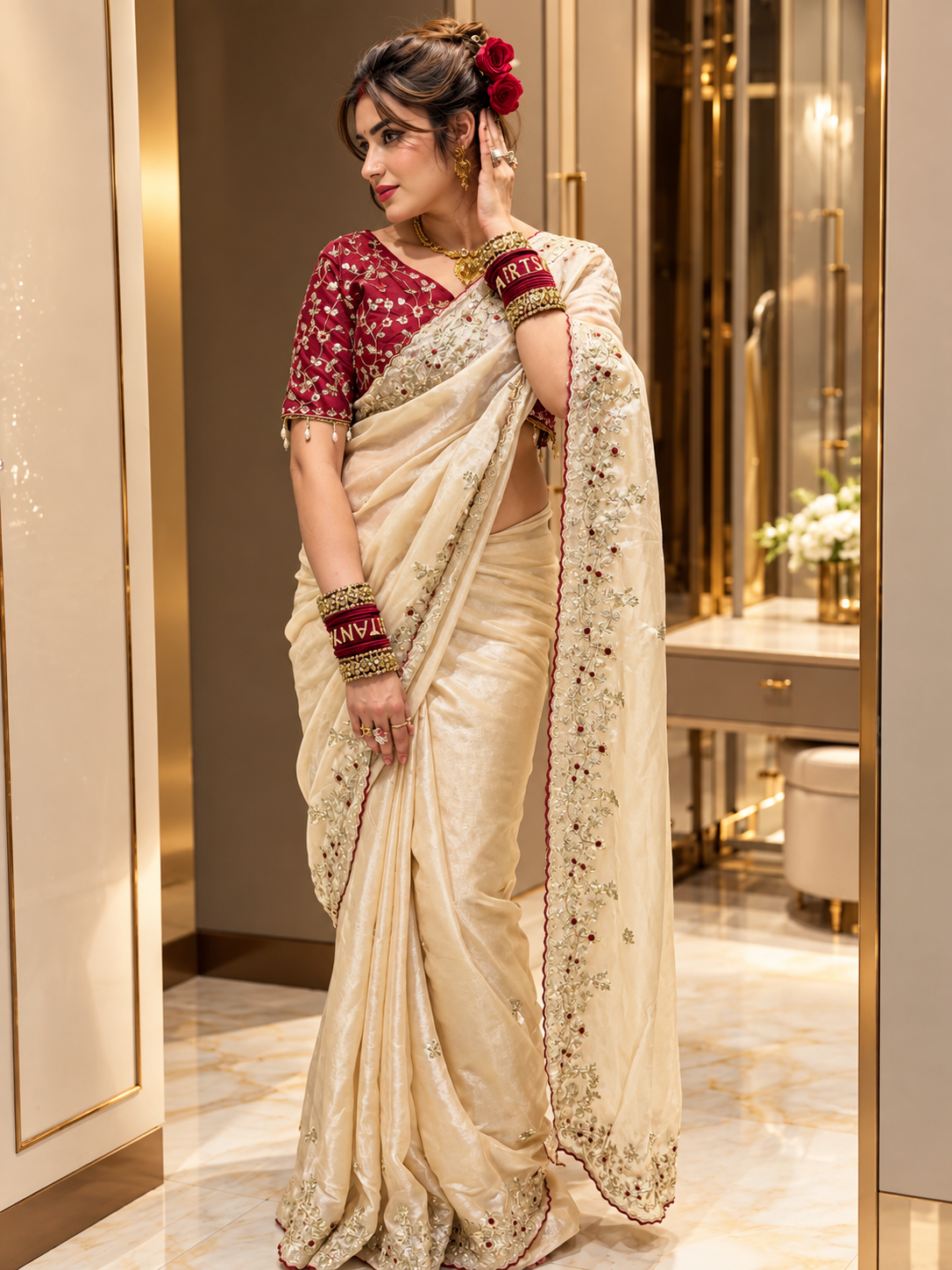 Premium Space silk saree with intricate sequin zari and multi-thread embroidery. Designer wedding saree.