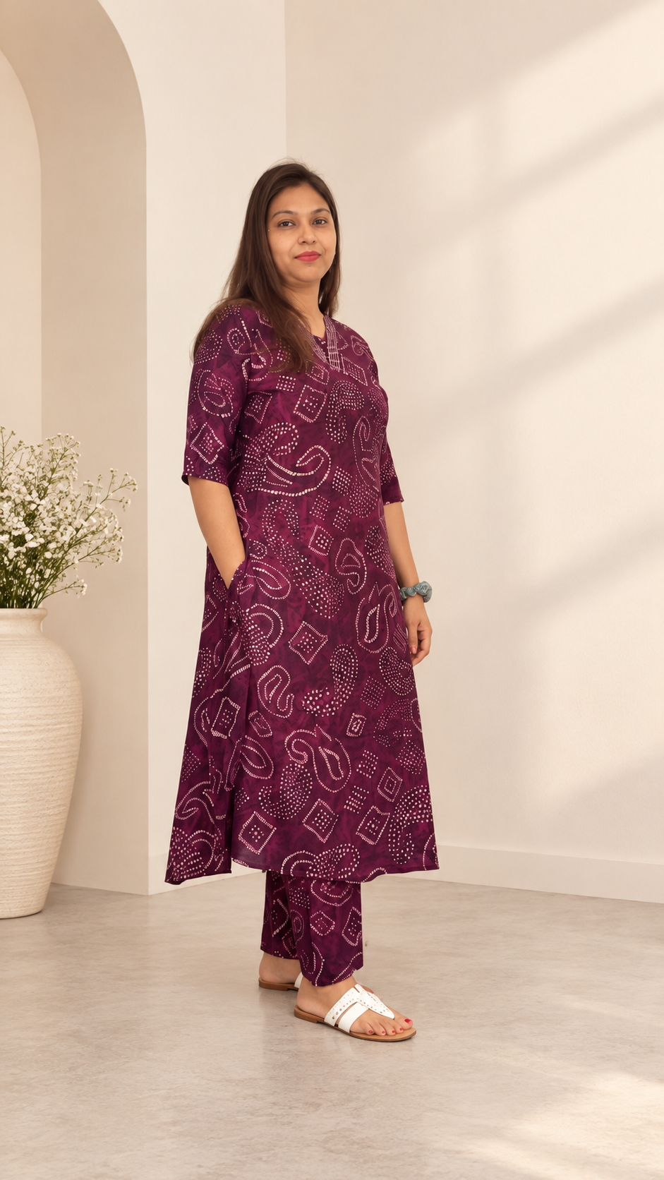 Burgundy bandhani Vatican silk co-ord set with kurta and churidhar. Traditional Indian everyday elegance.