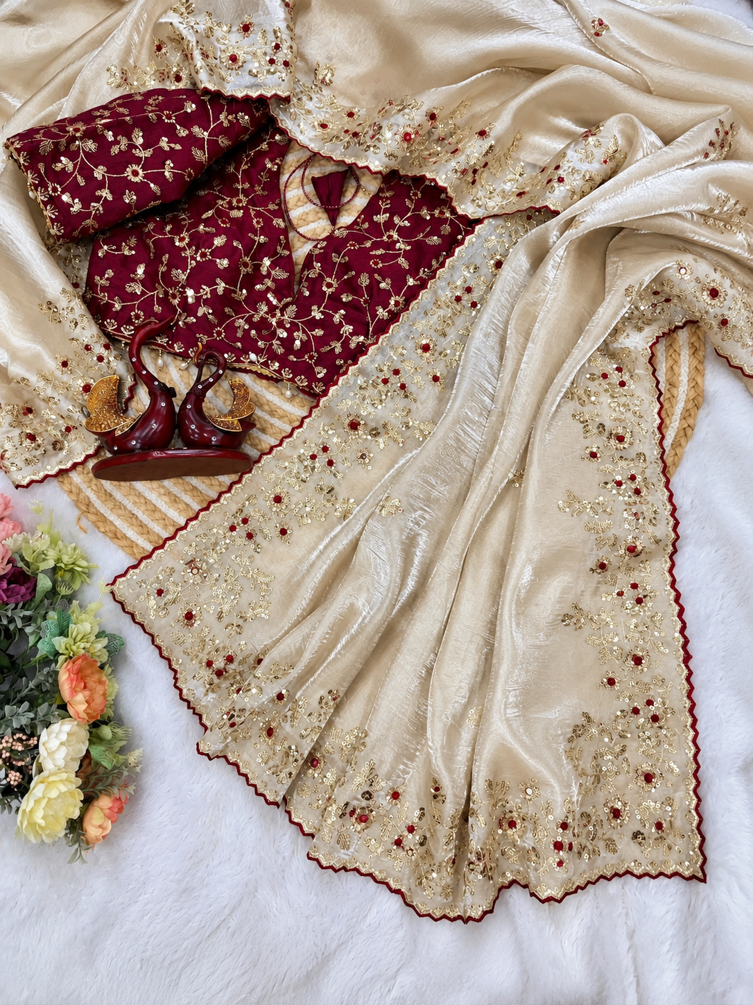 Premium Space silk saree with intricate sequin zari and multi-thread embroidery. Designer wedding saree.