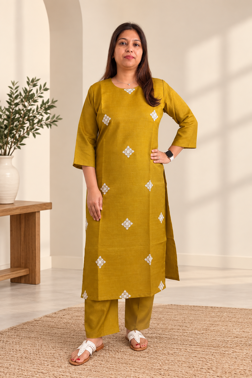 Golden mustard Vatican silk co-ord with hand-embroidered diamond motifs. Luxury everyday Indian wear.