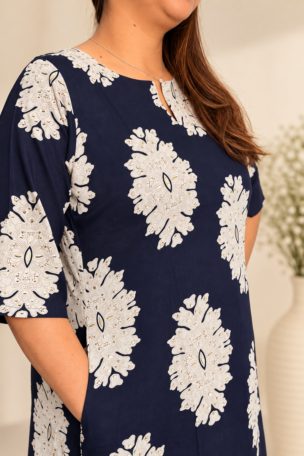 Navy daisy floral rayon cotton co-ord set with kurta and pants. Easy-wear everyday coordinate.
