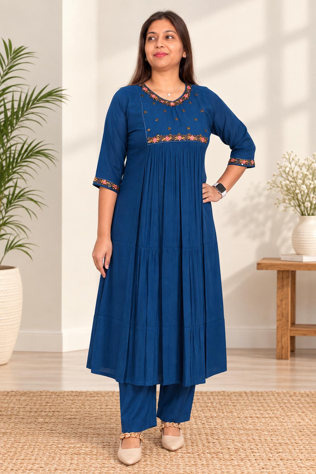 Navy mul Chanderi co-ord set with hand-embroidered detailing. Lightweight traditional Indian kurta.